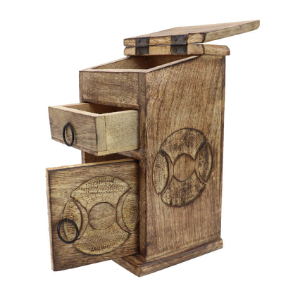 Side View of Triple Moon Herb Chest with open compartments.