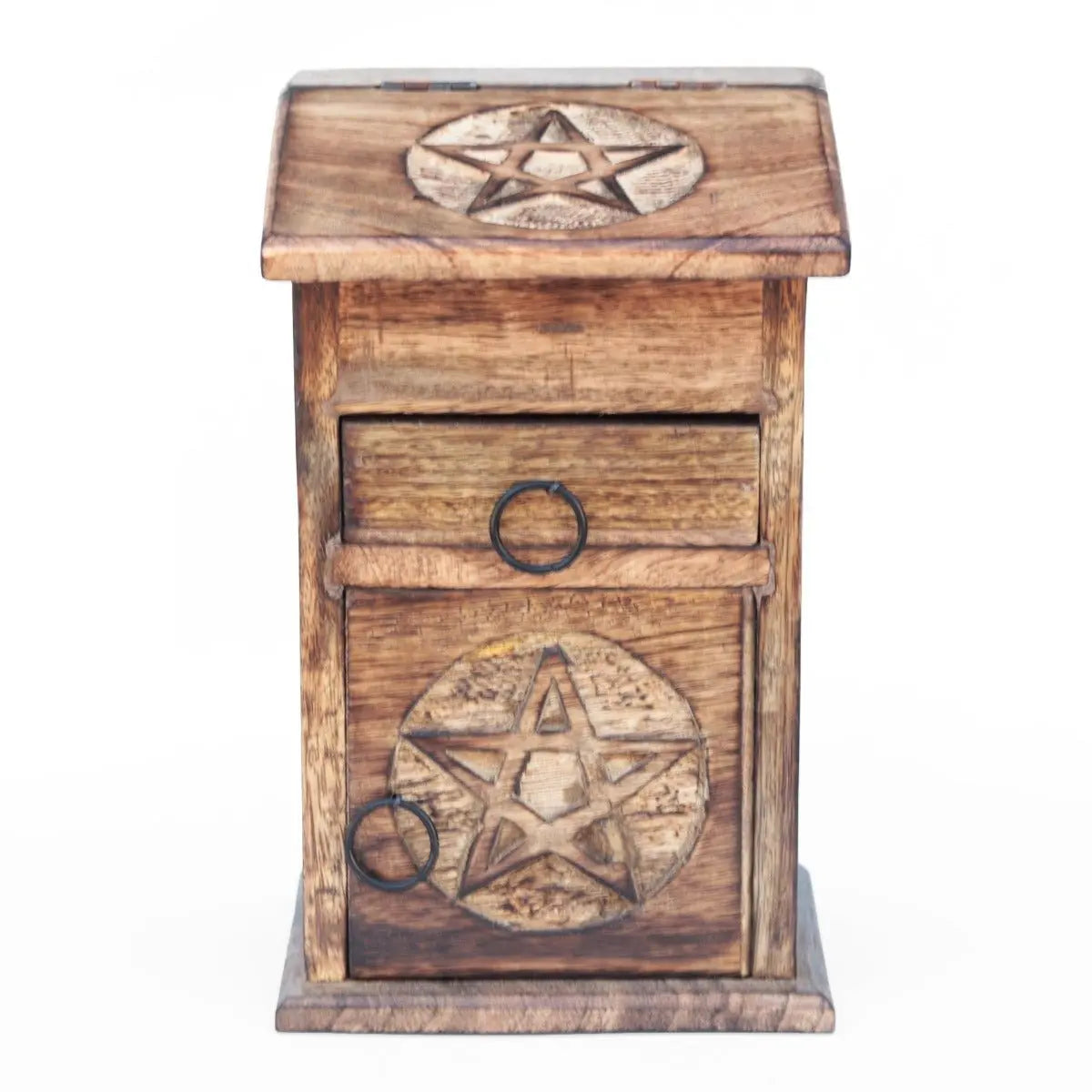 Front View of Pentacle Wood Chest for storage of witchcraft supplies