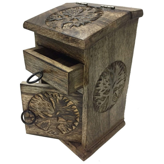 Witchcraft Supplies Wood Chest featuring Tree of Life design on top, front and sides.